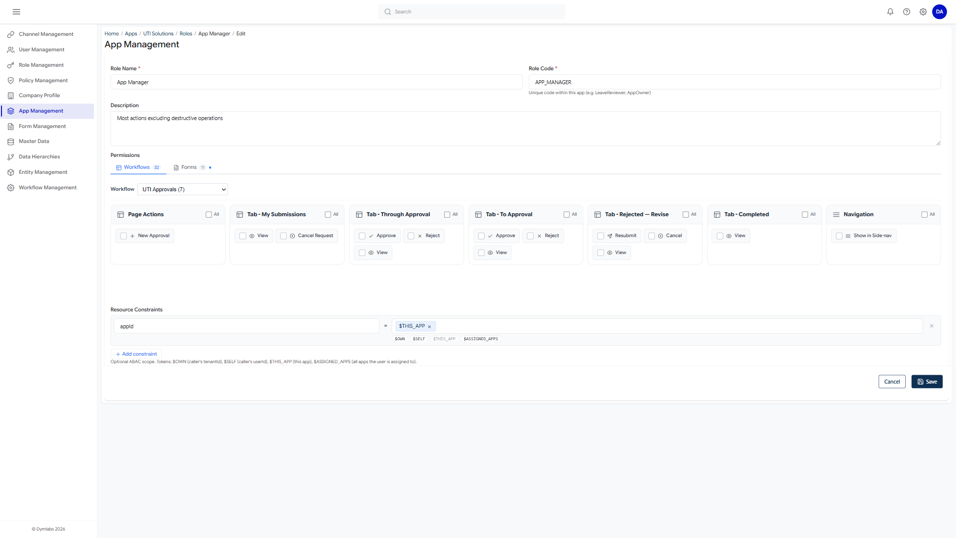 Role permissions with ABAC scope
